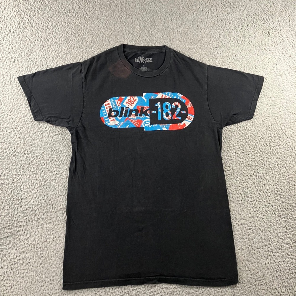 Blink-182‎ Graphic T Shirt Men M Black Pill Logo S/S Upcycled Thrashed Bleached